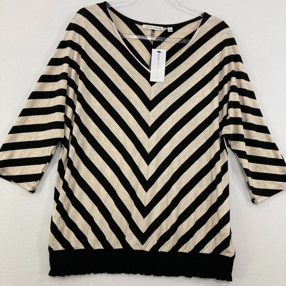 New Notations Large Black Cream Chevron‎ Striped Stretch Knit Blouse Preppy